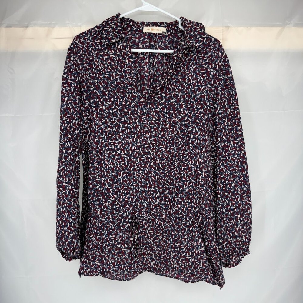 Tory Burch Women 4 Tunic Top Red Agate Confetti Long Sleeve Tie Waist Casual